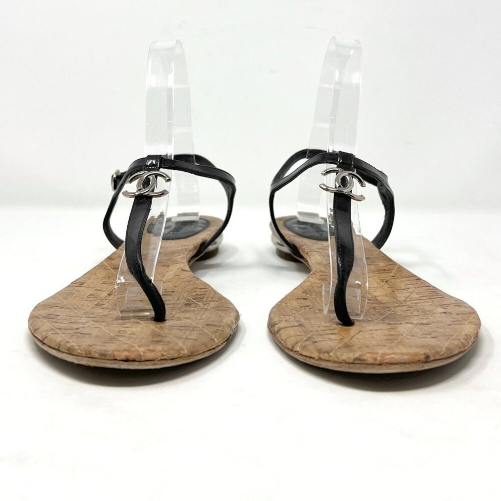 Chanel‎ Black Patent Thong Sandals CC Cork Sole Flat Sandals 40.5 - Picture 3 of 9